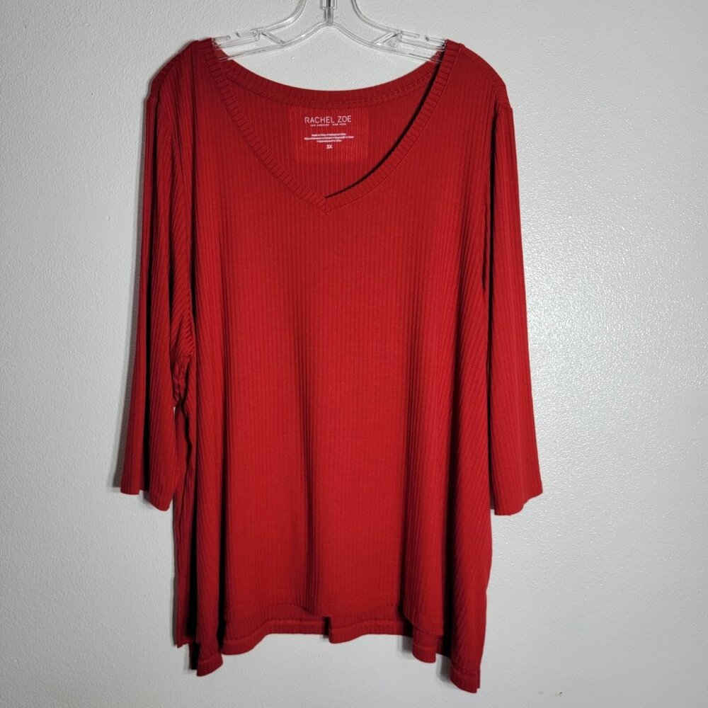 Rachel Zoe Red Ribbed Top Plus Size 3X 3/4 Sleeve V-Neck‎ Pullover Stretch